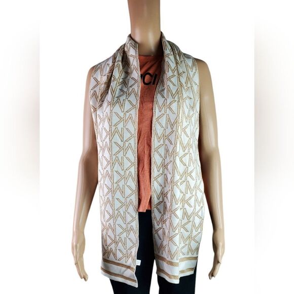 Michael Kors Knit White & Sienna Brown Shimmery Winter Scarf - Picture 1 of 3